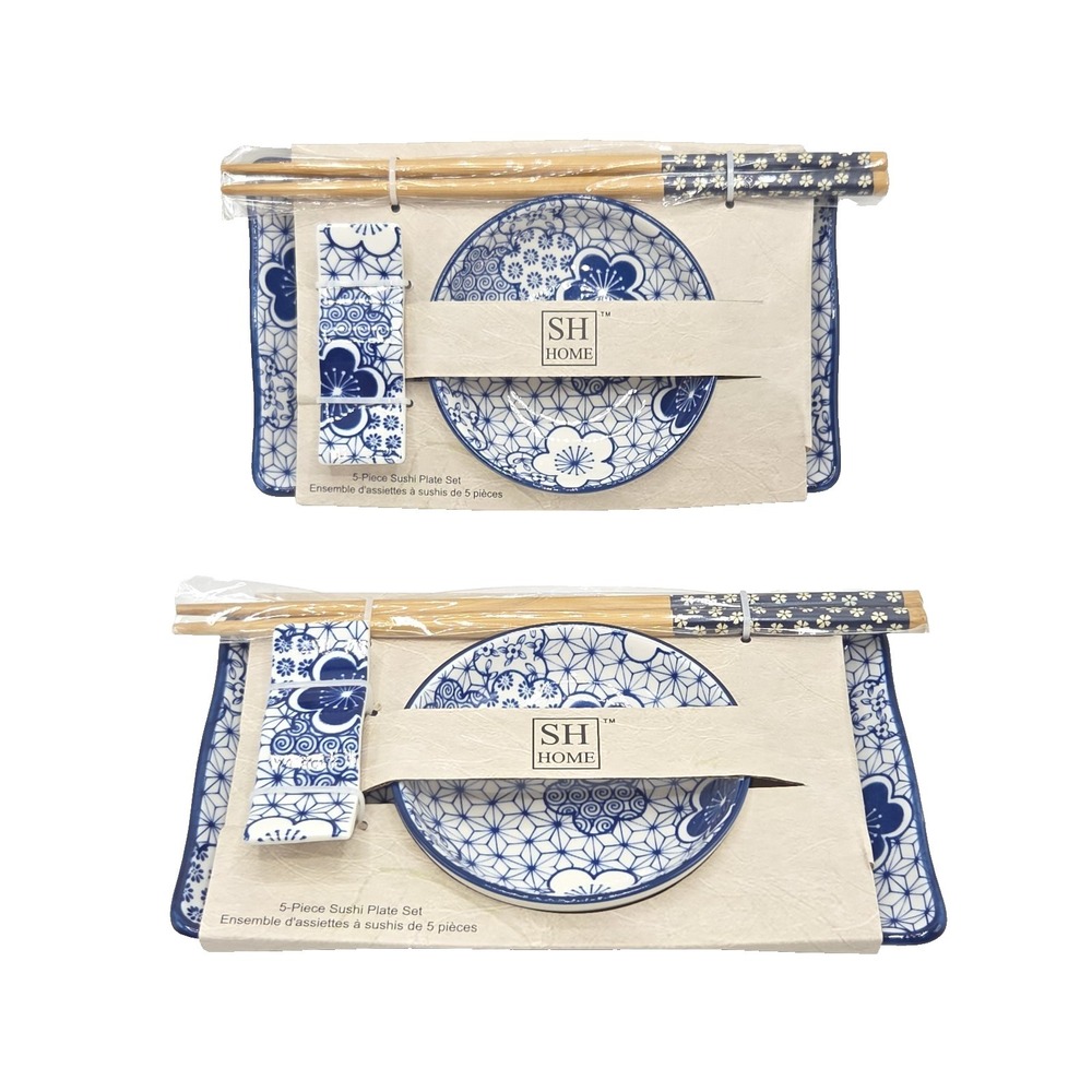 SH Home Set of 2 Ceramic Sushi Serving Plate 10pc Blue White Floral Print 11"x6"